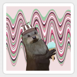 Sweet Otter Holding an Ice Cream with a Fan Hat Magnet